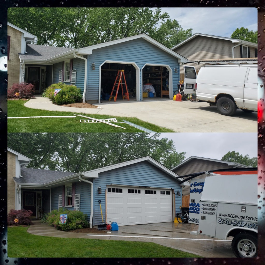 Garage door panel dented after impact in Lombard, IL: before and after comparison of a new white garage door installation